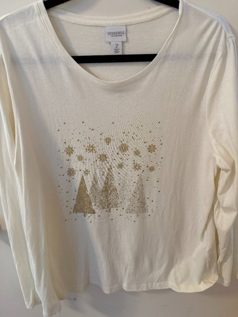 Chico’s Weekends Ivory Gold Holiday Winter Tree Top Size 2